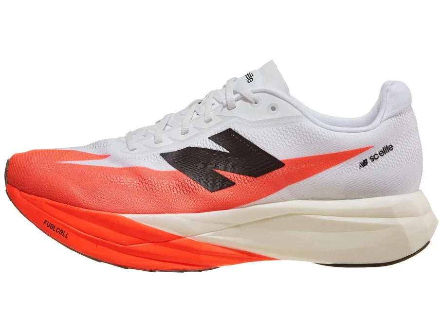 Men's New Balance SuperComp Elite v5. White/Red upper. White/Red midsole. Lateral view.