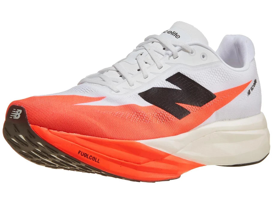 Men's New Balance SuperComp Elite v5. White/Red upper. White/Red midsole. Lateral view.