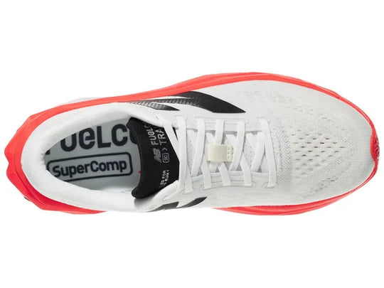 Men's New Balance Fuelcell SuperComp Trainer v3. White upper. Red midsole. Top view.