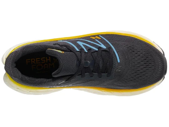 Men's New Balance More V4. Dark Grey upper. White midsole. Top view.