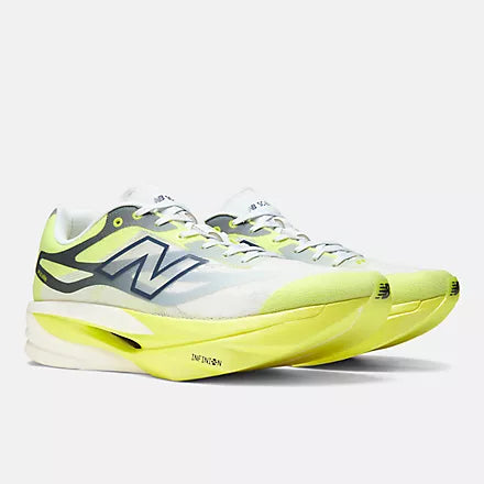 Men's New Balance SuperComp Elite v6. White upper. Yellow midsole. Lateral view.