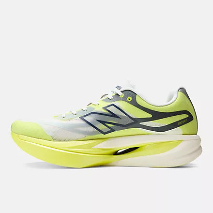 Men's New Balance SuperComp Elite v6. White upper. Yellow midsole. Medial view.