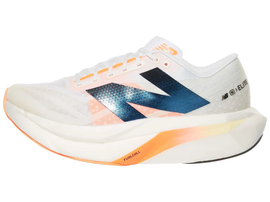 Men's New Balance SuperComp Elite v4. White upper. White and orange midsole. Lateral view.