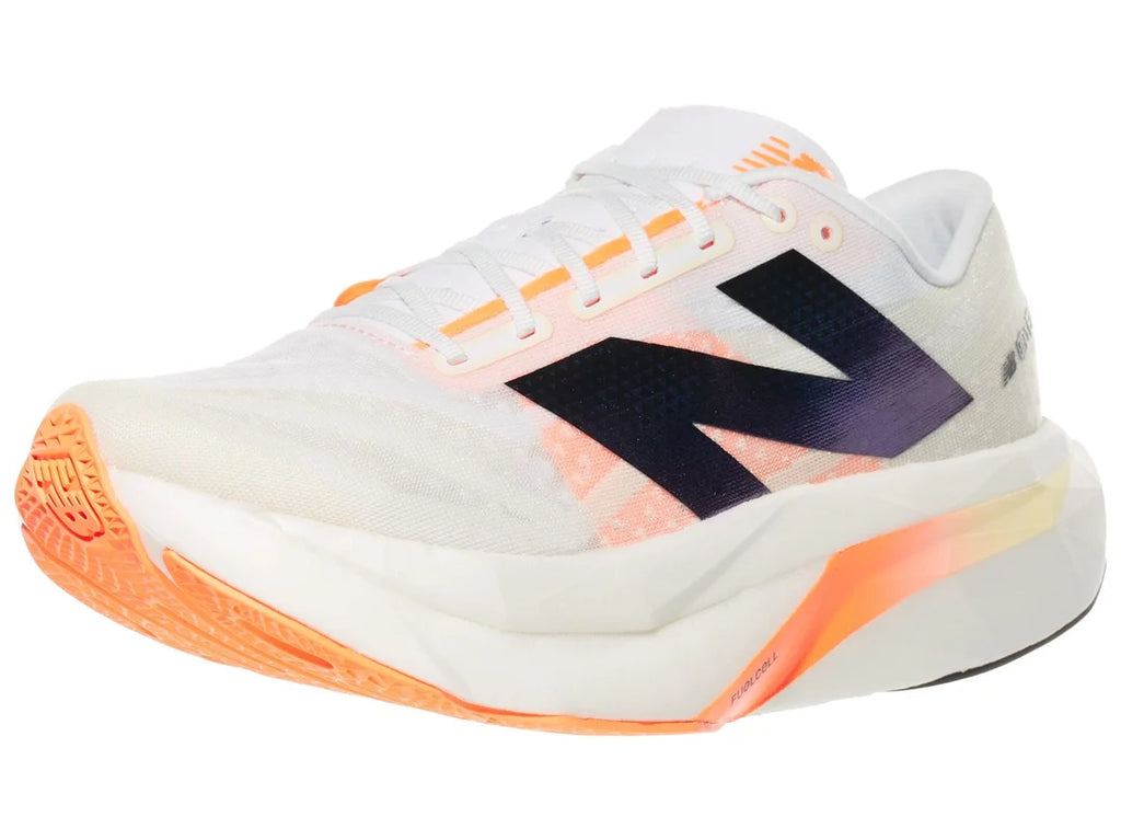 Men's New Balance SuperComp Elite v4. White upper. White and orange midsole. Lateral view.
