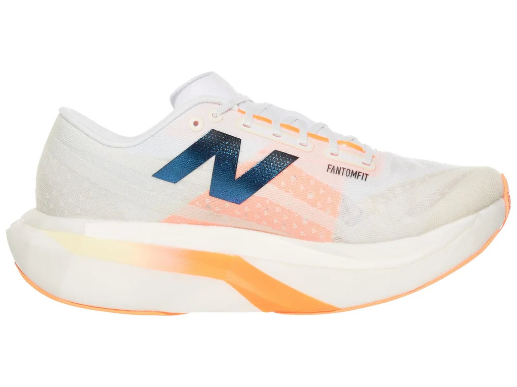 Men's New Balance SuperComp Elite v4. White upper. White and orange midsole. Medial view.