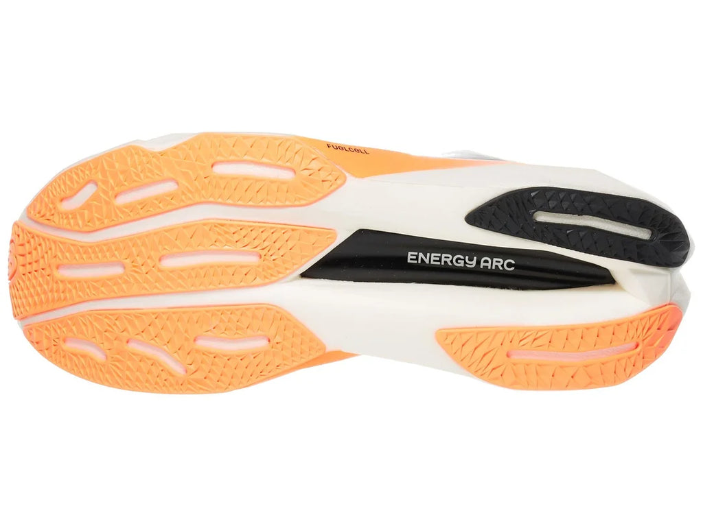 Men's New Balance SuperComp Elite v4. White upper. White and orange midsole. Bottom view.