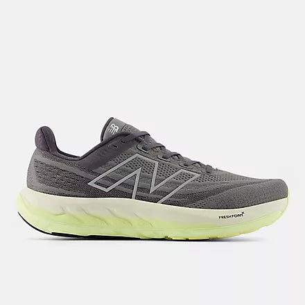 Men's New Balance Vongo v6. Grey upper. Green midsole. Lateral view.