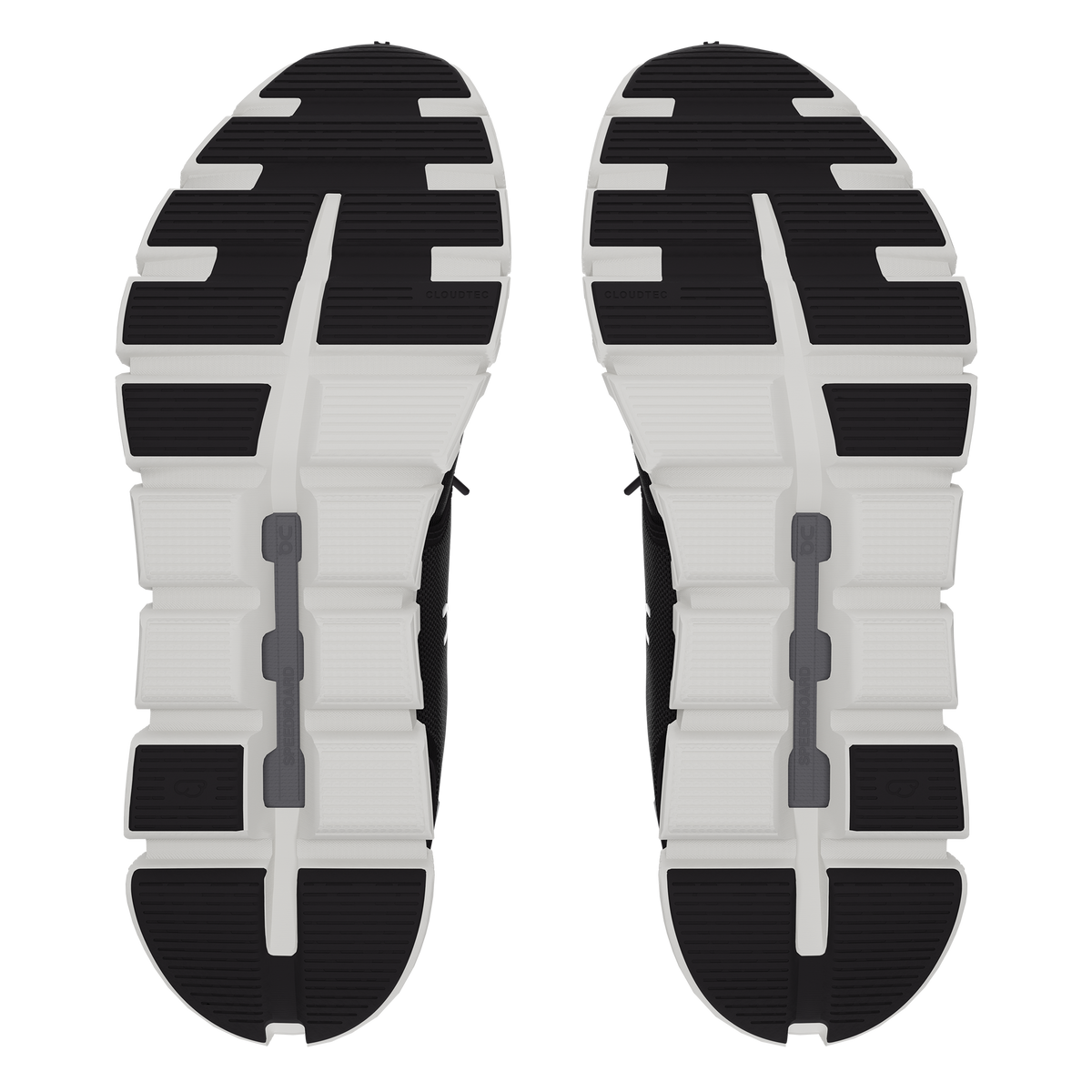 Men's On Cloud 6. Black upper. White midsole. Bottom view.