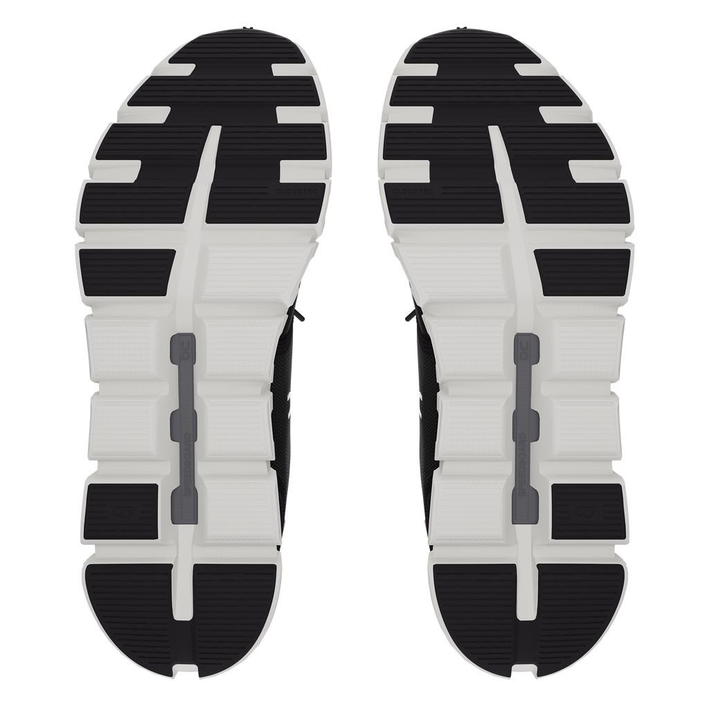 Men's On Cloud 6. Black upper. White midsole. Bottom view.