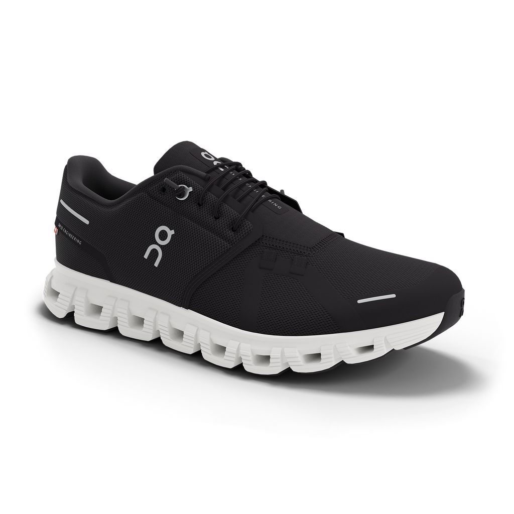 Men's On Cloud 6. Black upper. White midsole. Lateral view.