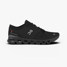 Men's On Cloud X 4. Black upper. Black midsole. Lateral view.