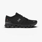 Men's On Cloud X 4. Black upper. Black midsole. Lateral view.