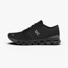 Men's On Cloud X 4. Black upper. Black midsole. Medial view.