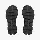 Men's On Cloud X 4. Black upper. Black midsole. Bottom view.