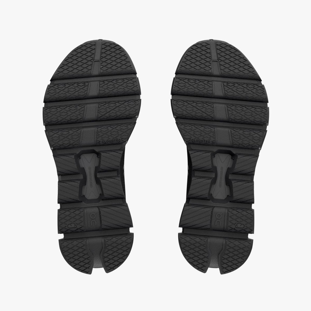 Men's On Cloud X 4. Black upper. Black midsole. Bottom view.