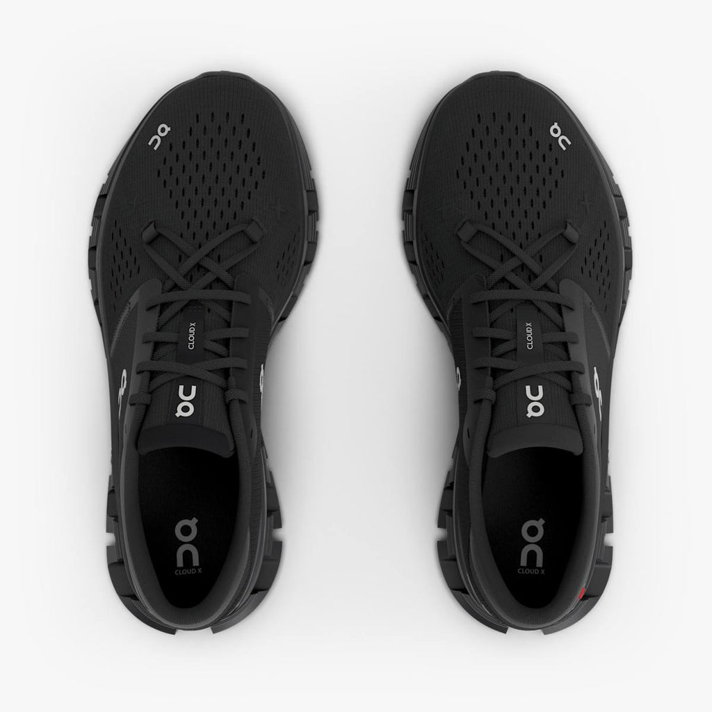 Men's On Cloud X 4. Black upper. Black midsole. Top view.