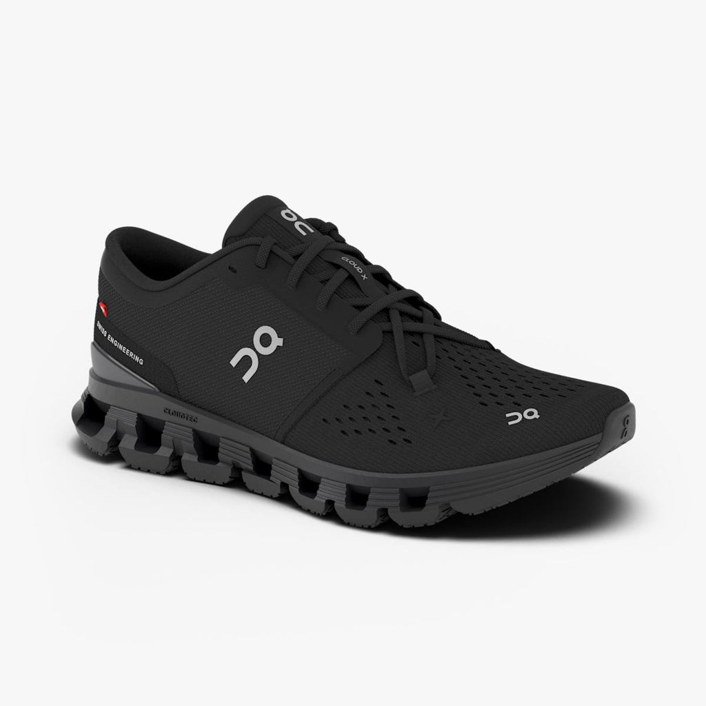 Men's On Cloud X 4. Black upper. Black midsole. Lateral view.