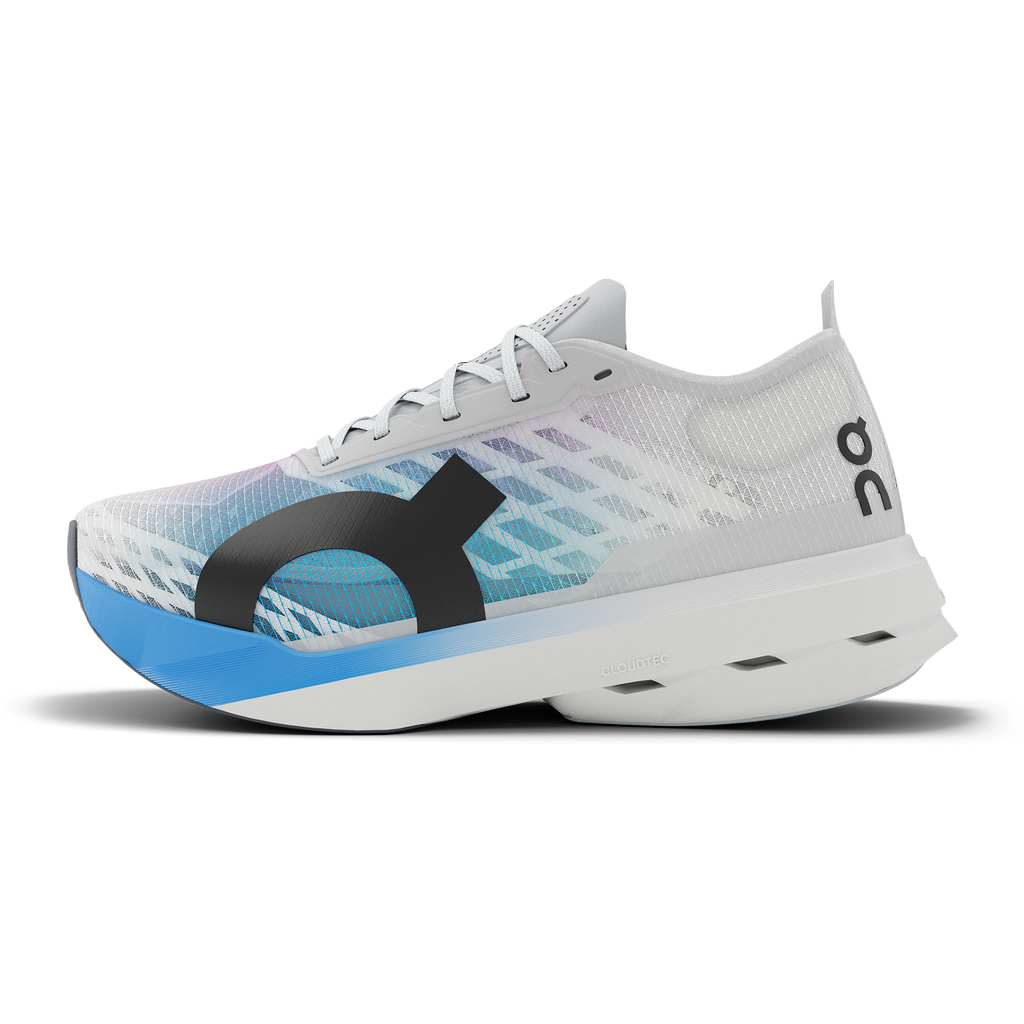 Men's On Cloudboom Strike. White upper. White/Blue midsole. Medial view.