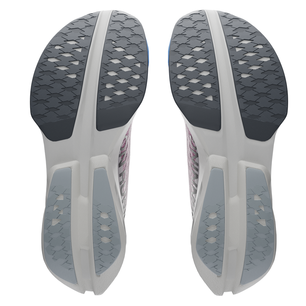 Men's On Cloudboom Strike. White upper. White/Blue midsole. Bottom view.