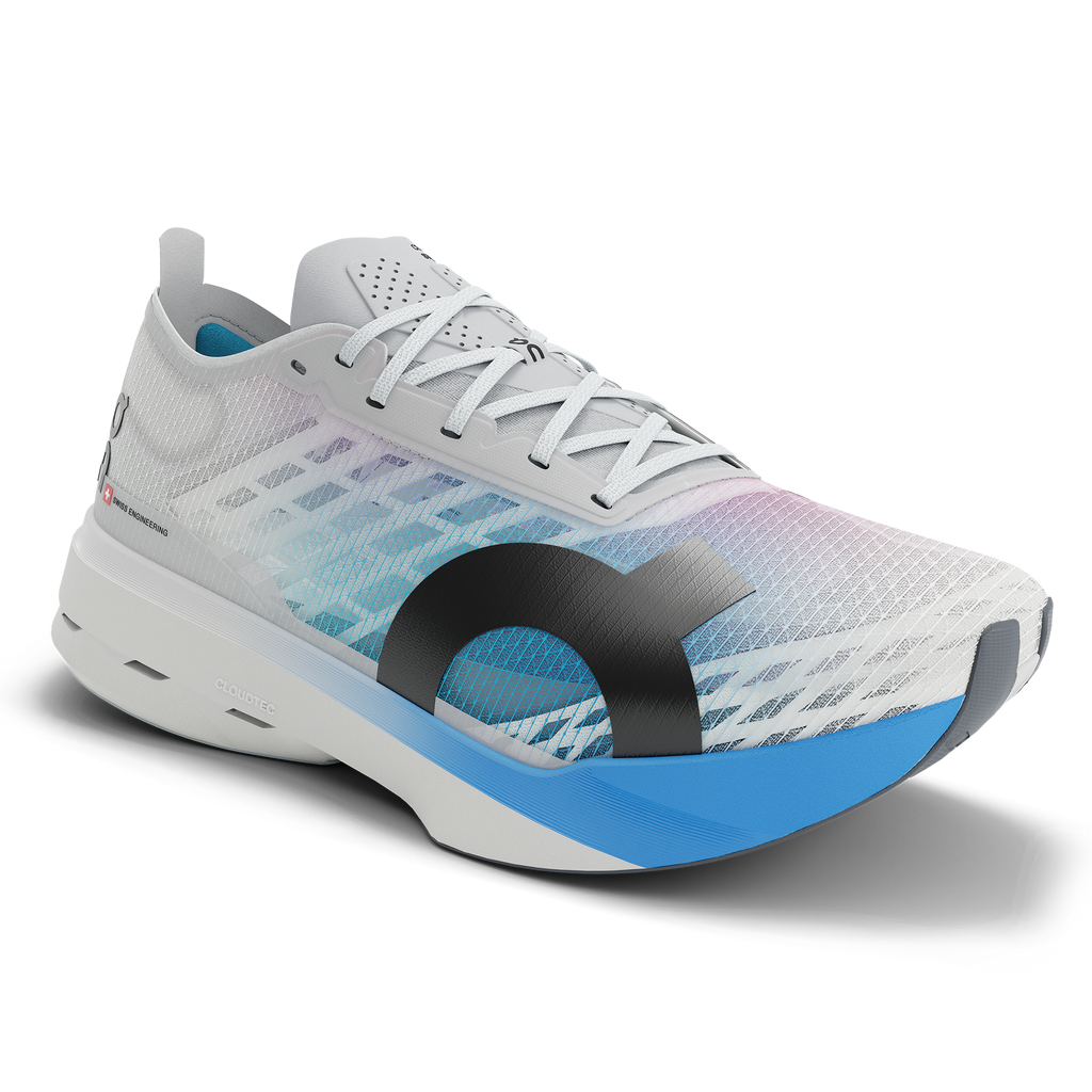 Men's On Cloudboom Strike. White upper. White/Blue midsole. Lateral view.