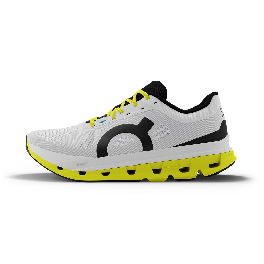 Men's Cloudflow 5. White upper. Yellow midsole. Medial view.