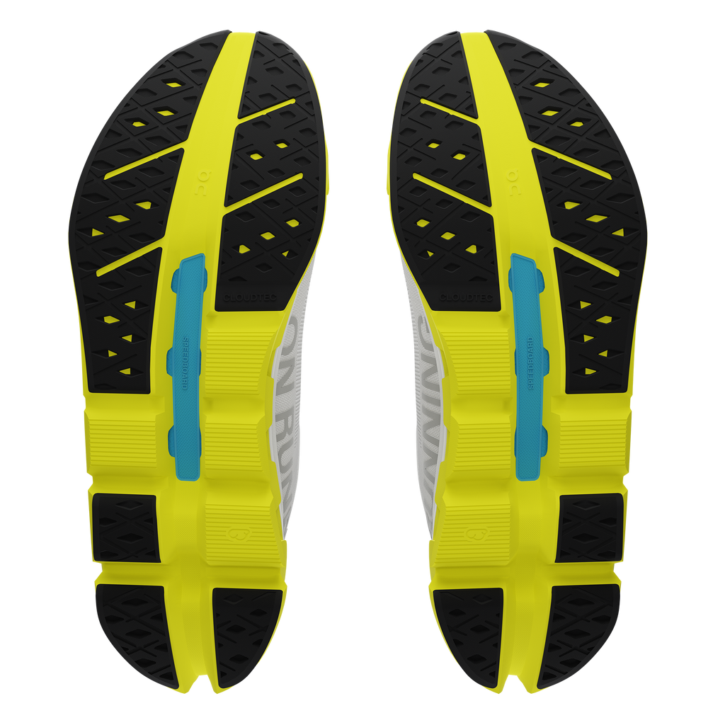 Men's Cloudflow 5. White upper. Yellow midsole. Bottom view.