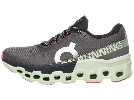 Men's On Running Cloudmonster 2. Dark Grey upper. Green midsole. Lateral view.