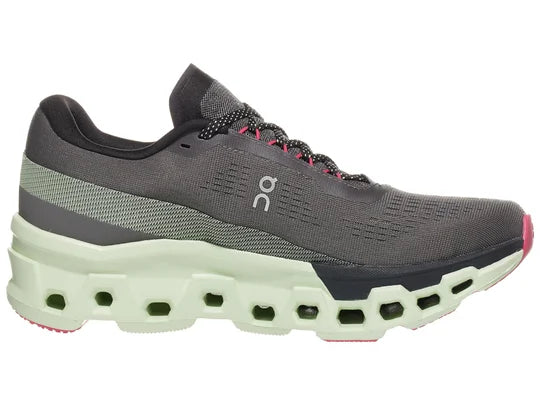 Men's On Running Cloudmonster 2. Dark Grey upper. Green midsole. Medial view.