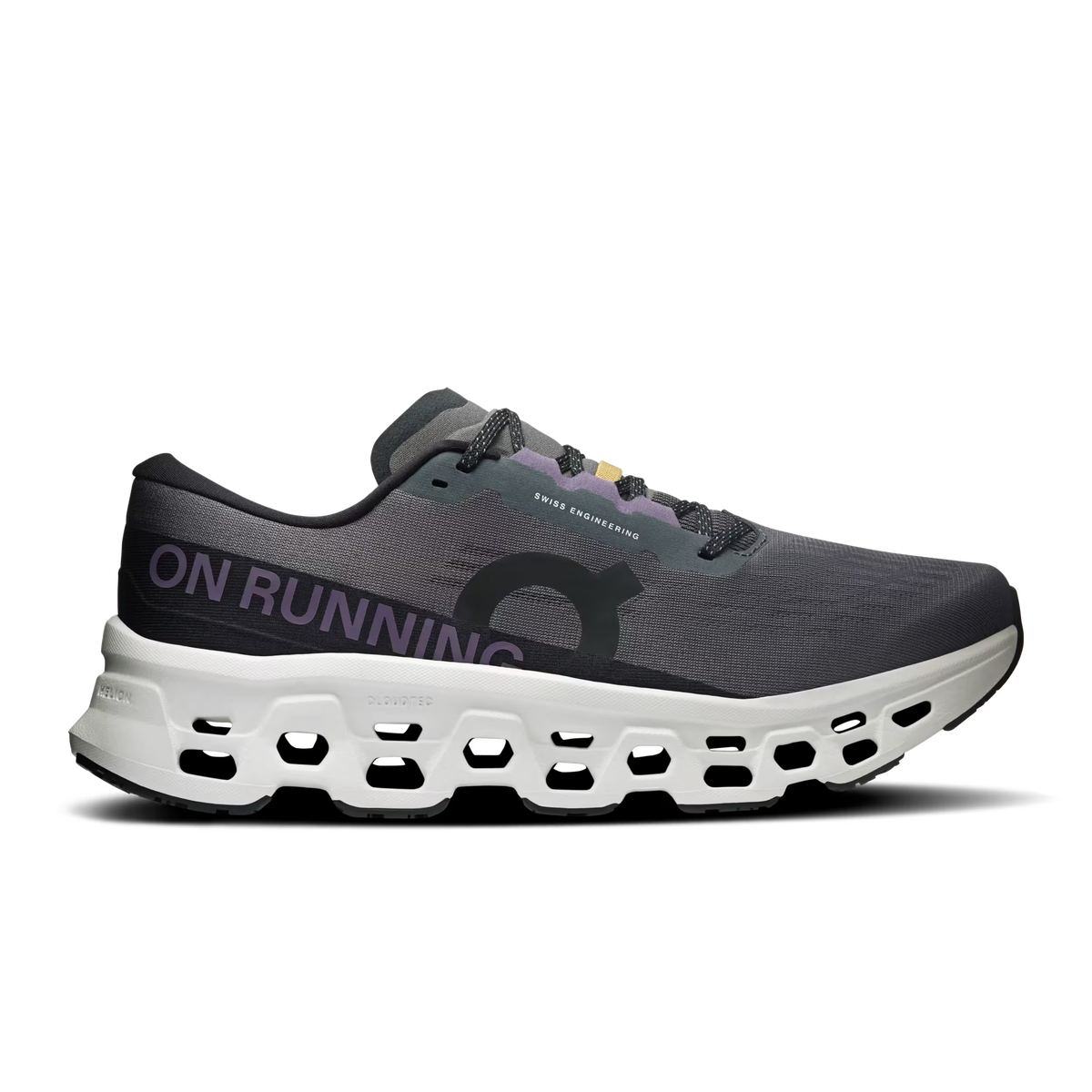 Men's On Cloudmonster 3. Grey and purple upper. White midsole. Lateral view.