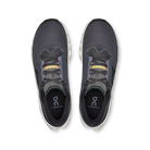 Men's On Cloudmonster 3. Grey and purple upper. White midsole. Top view.