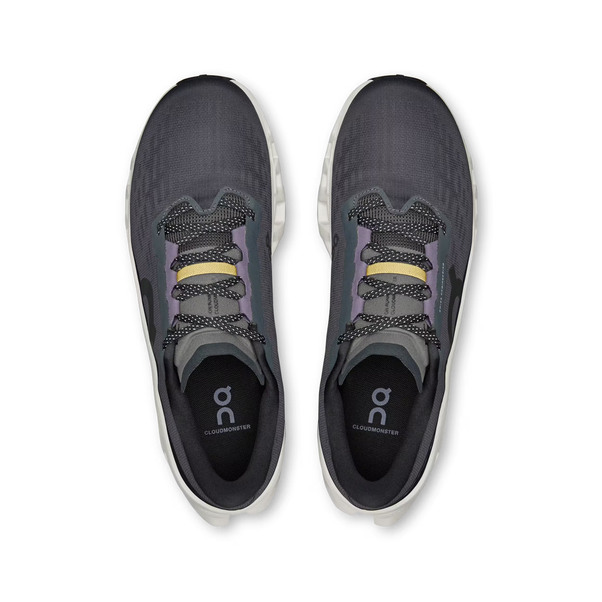 Men's On Cloudmonster 3. Grey and purple upper. White midsole. Top view.