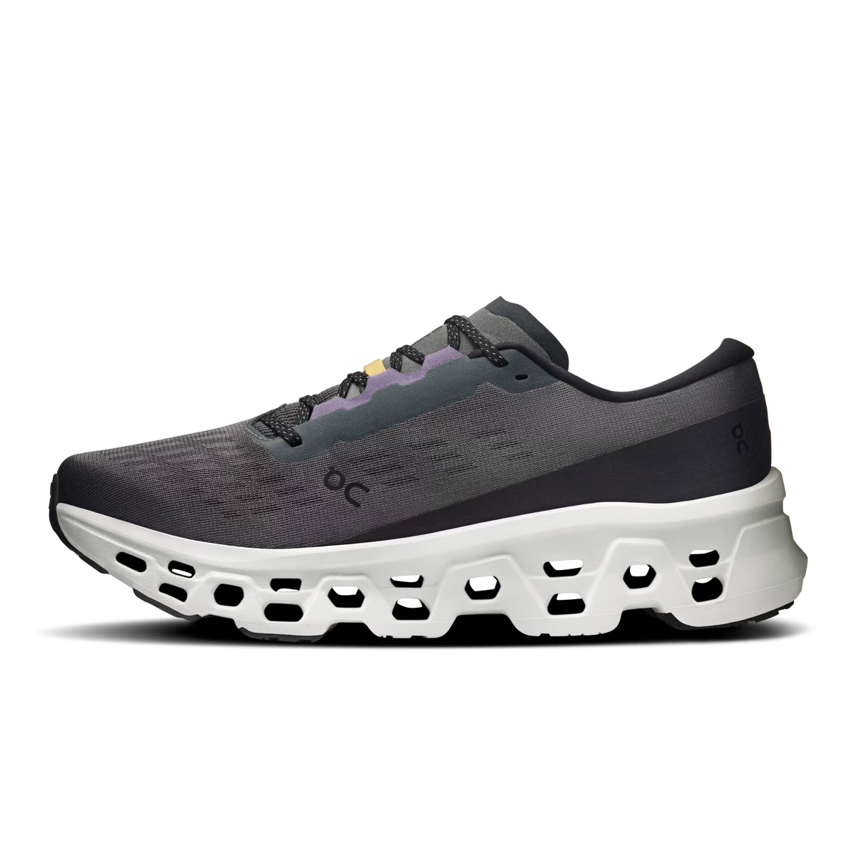 Men's On Cloudmonster 3. Grey and purple upper. White midsole. Medial view.