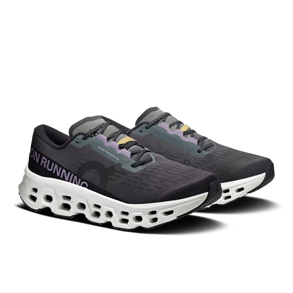 Men's On Cloudmonster 3. Grey and purple upper. White midsole. Lateral view.