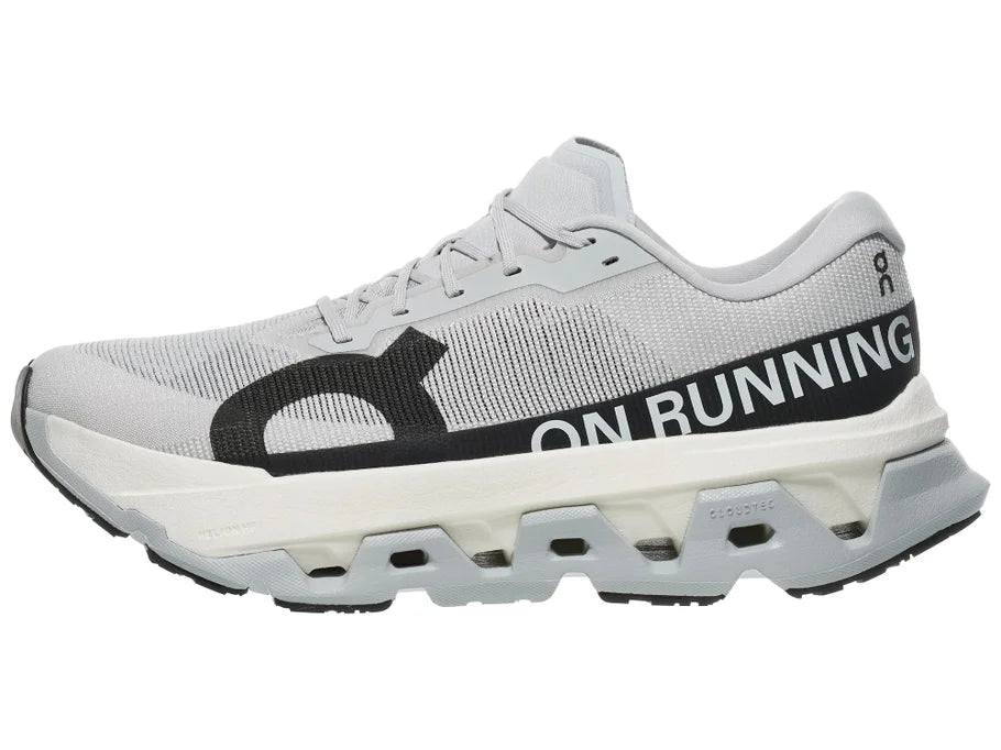 Men's On Running. Cloudmonster 3 Hyper. Grey upper. White midsole. Lateral view.