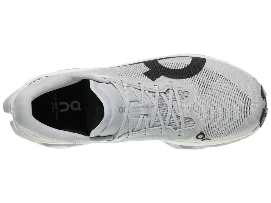 Men's On Running. Cloudmonster 3 Hyper. Grey upper. White midsole. Top view.