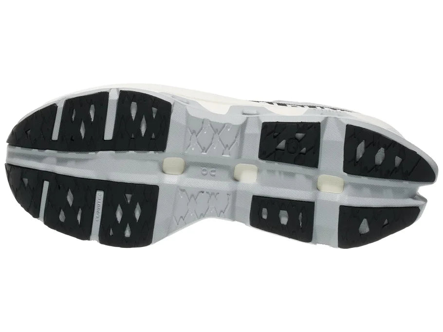 Men's On Running. Cloudmonster 3 Hyper. Grey upper. White midsole. Bottom view.