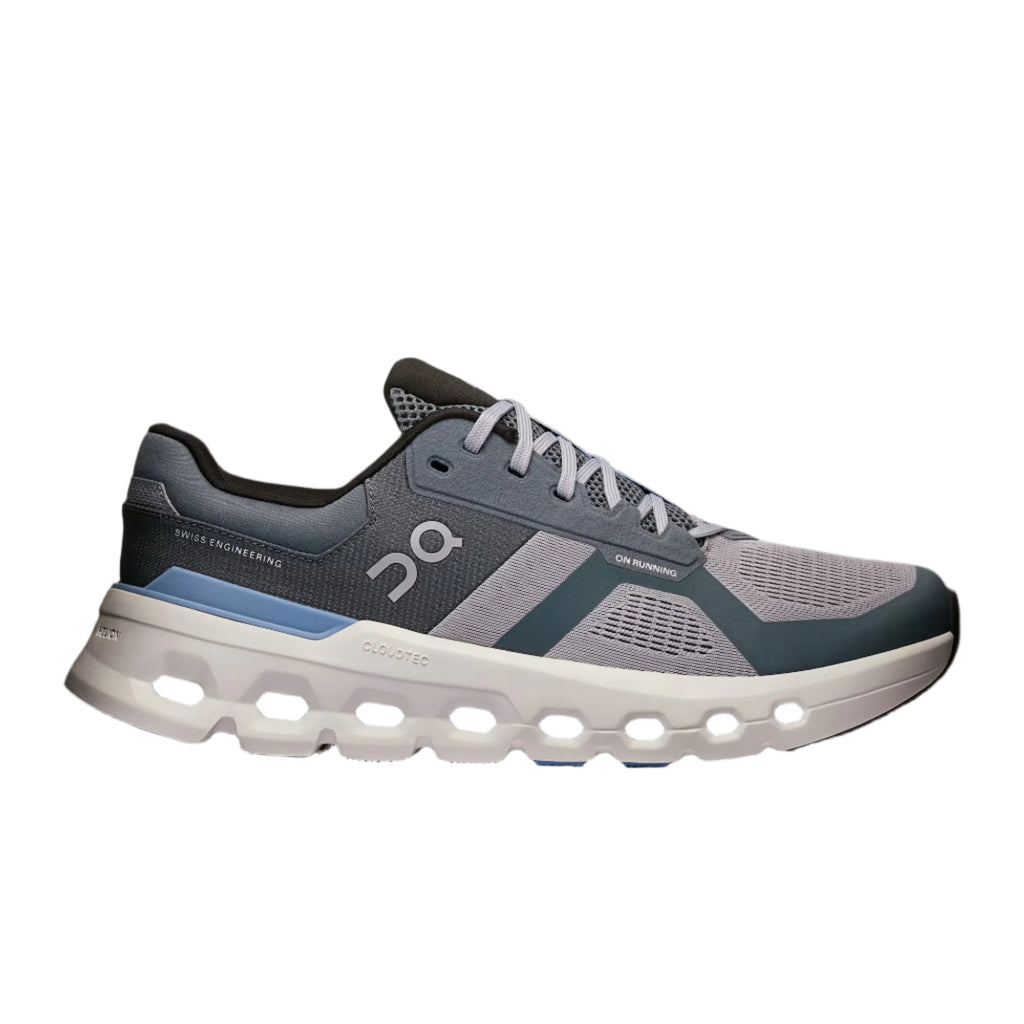 Men's On Cloudrunner 2. Grey upper. White midsole. Lateral view.