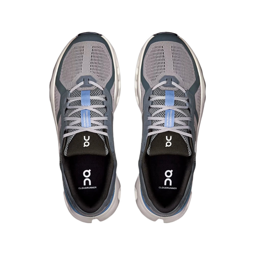 Men's On Cloudrunner 2. Grey upper. White midsole. Top view.