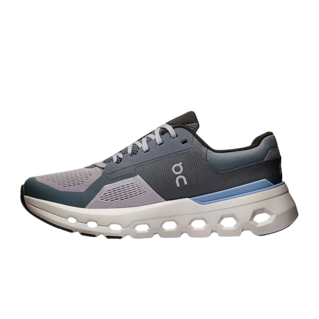 Men's On Cloudrunner 2. Grey upper. White midsole. Medial view.