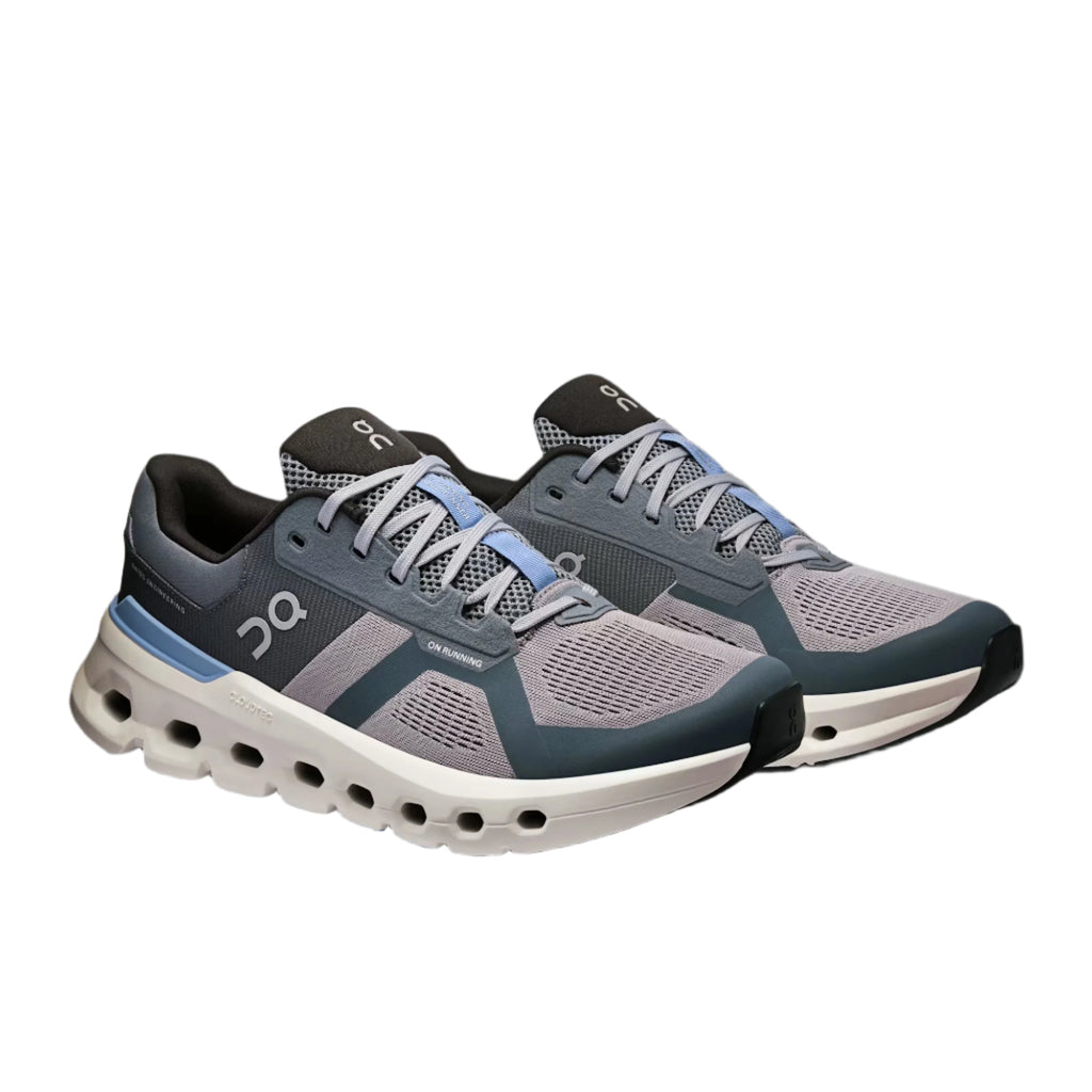 Men's On Cloudrunner 2. Grey upper. White midsole. Lateral view.