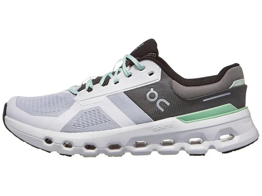 Men's On Cloudrunner 2. Light Grey upper. White midsole. Lateral view.