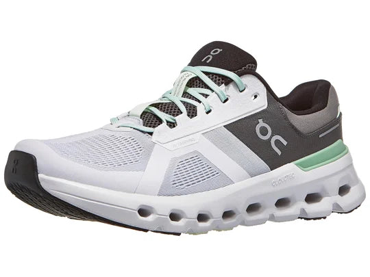 Men's On Cloudrunner 2. Light Grey upper. White midsole. Lateral view.