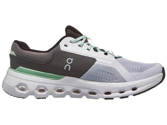 Men's On Cloudrunner 2. Light Grey upper. White midsole. Medial view.