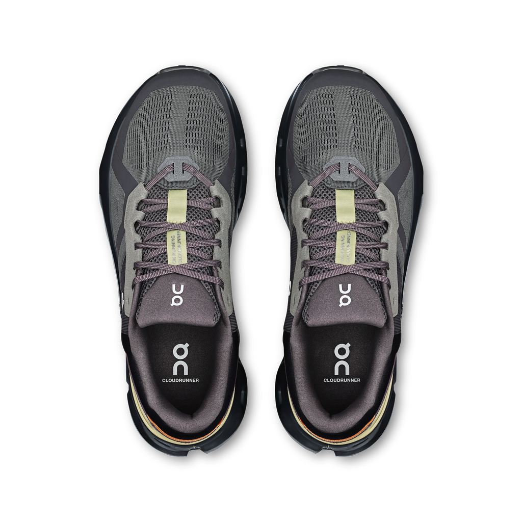 Men's On Cloudrunner 2. Black upper. Black midsole. Top view.