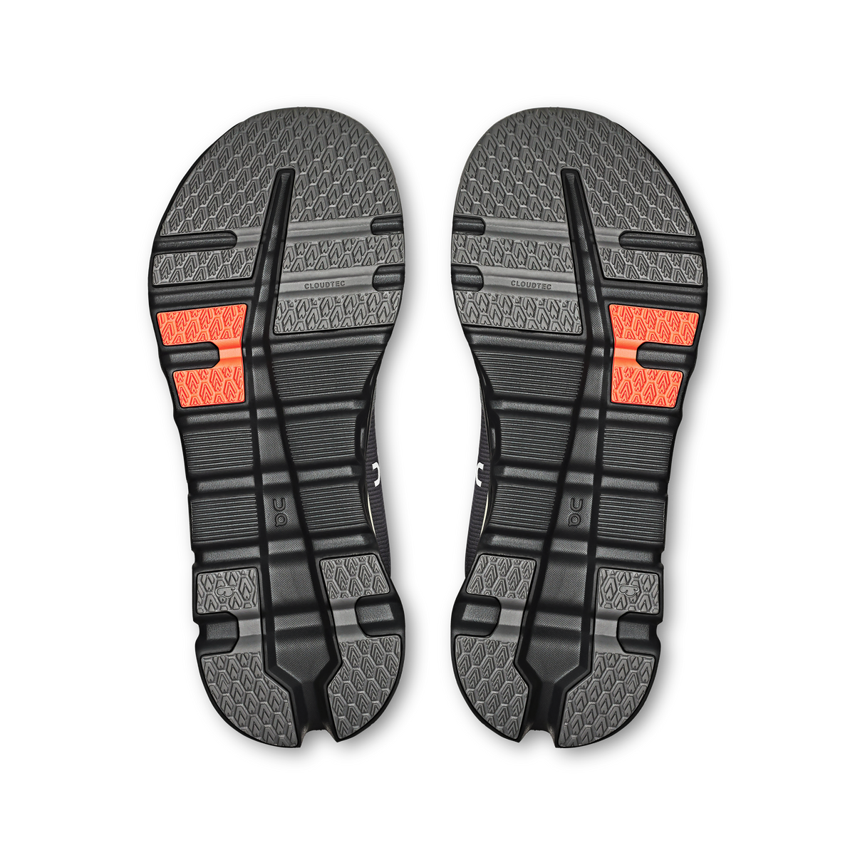 Men's On Cloudrunner 2. Black upper. Black midsole. Bottom view.
