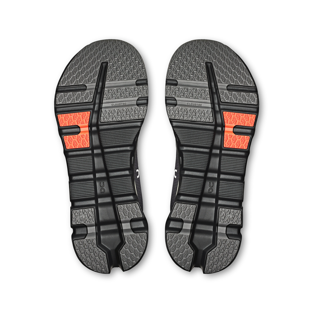 Men's On Cloudrunner 2. Black upper. Black midsole. Bottom view.