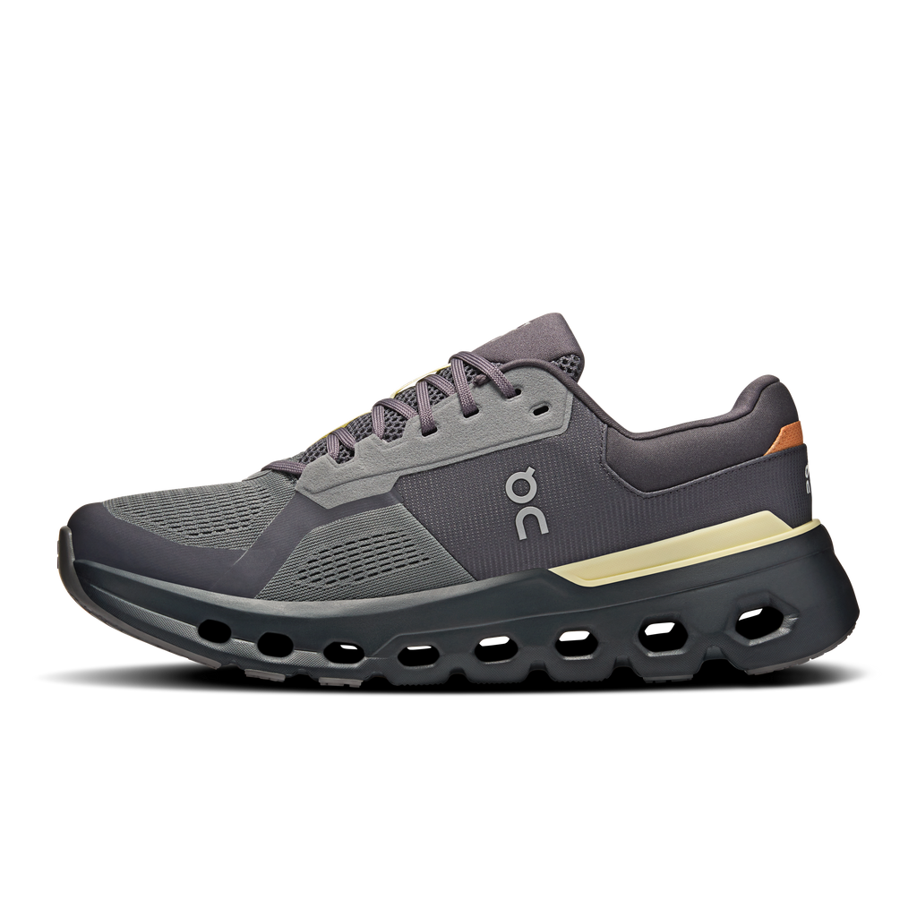 Men's On Cloudrunner 2. Black upper. Black midsole. Medial view.