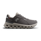 Men's On Cloudrunner  WP. Dark grey upper. Grey midsole. Lateral view.