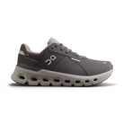Men's On Cloudrunner  WP. Dark grey upper. Grey midsole. Lateral view.