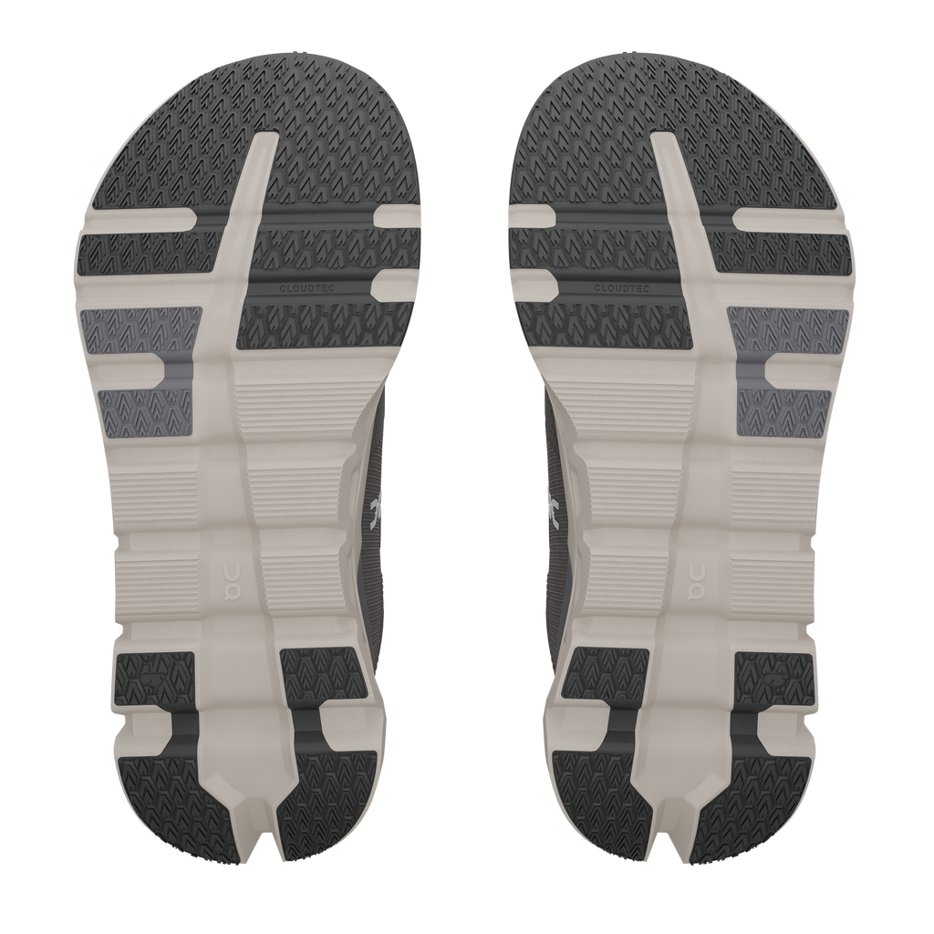 Men's On Cloudrunner  WP. Dark grey upper. Grey midsole. Bottom view.